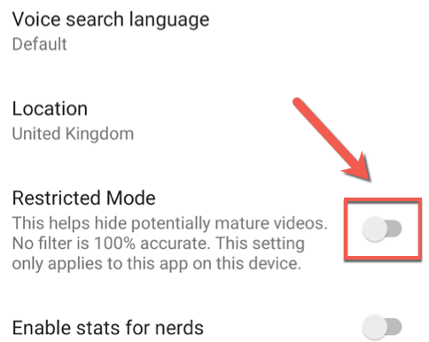 toggle YouTube age restriction mode off