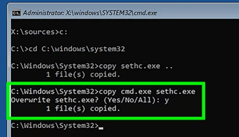 copy cmd.exe sethc.exe