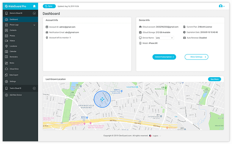 icloud hacking dashboard of kidsguard pro